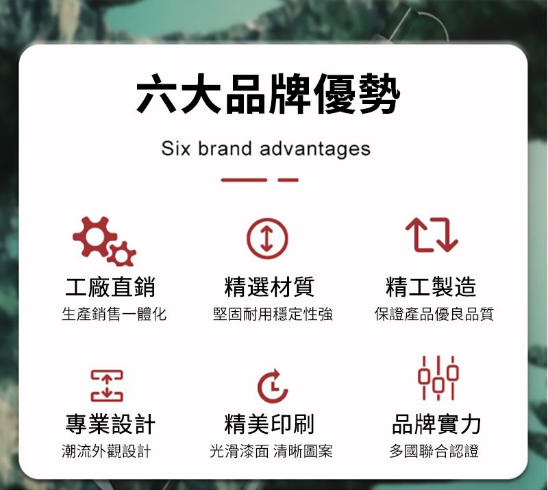 六大品牌優勢Six brand advantages精工製造工廠直銷精選材質生產銷售一體化堅固耐用穩定性強保證產品優良品質專業設計精美印刷品牌實力潮流外觀設計光滑 清晰圖案多國聯合認證