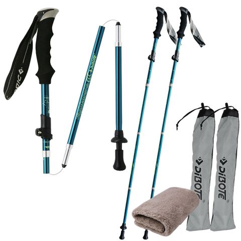 【生活無限】登山杖/折疊式外鎖二代/7075航太級/直柄 (藍綠色 2入) N02-115-2《贈送攜帶型小方巾》