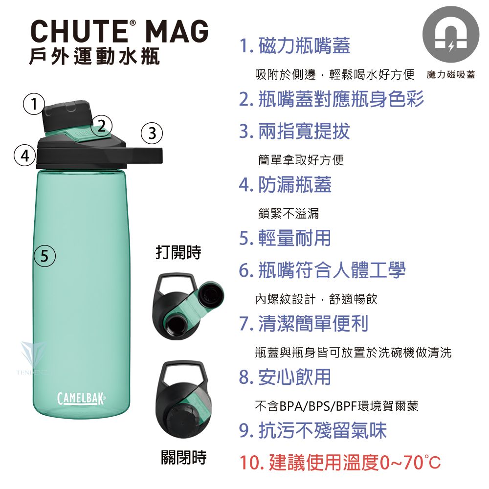 CHUTE MAG戶外運動水瓶141. 磁力瓶嘴蓋吸附於側邊,輕鬆喝水好方便 魔力磁吸蓋2.瓶嘴蓋對應瓶身色彩3. 兩指寬提拔簡單拿取好方便4.防漏瓶蓋鎖緊不溢漏5. 輕量耐用5打開時CAMELBAK關閉時6.瓶嘴符合人體工學內螺紋設計,舒適暢飲7.清潔簡單便利瓶蓋與瓶身皆可放置於洗碗機做清洗8. 安心飲用不含BPA/BPS/BPF環境賀爾蒙9.抗污不殘留氣味10.建議使用溫度0~70