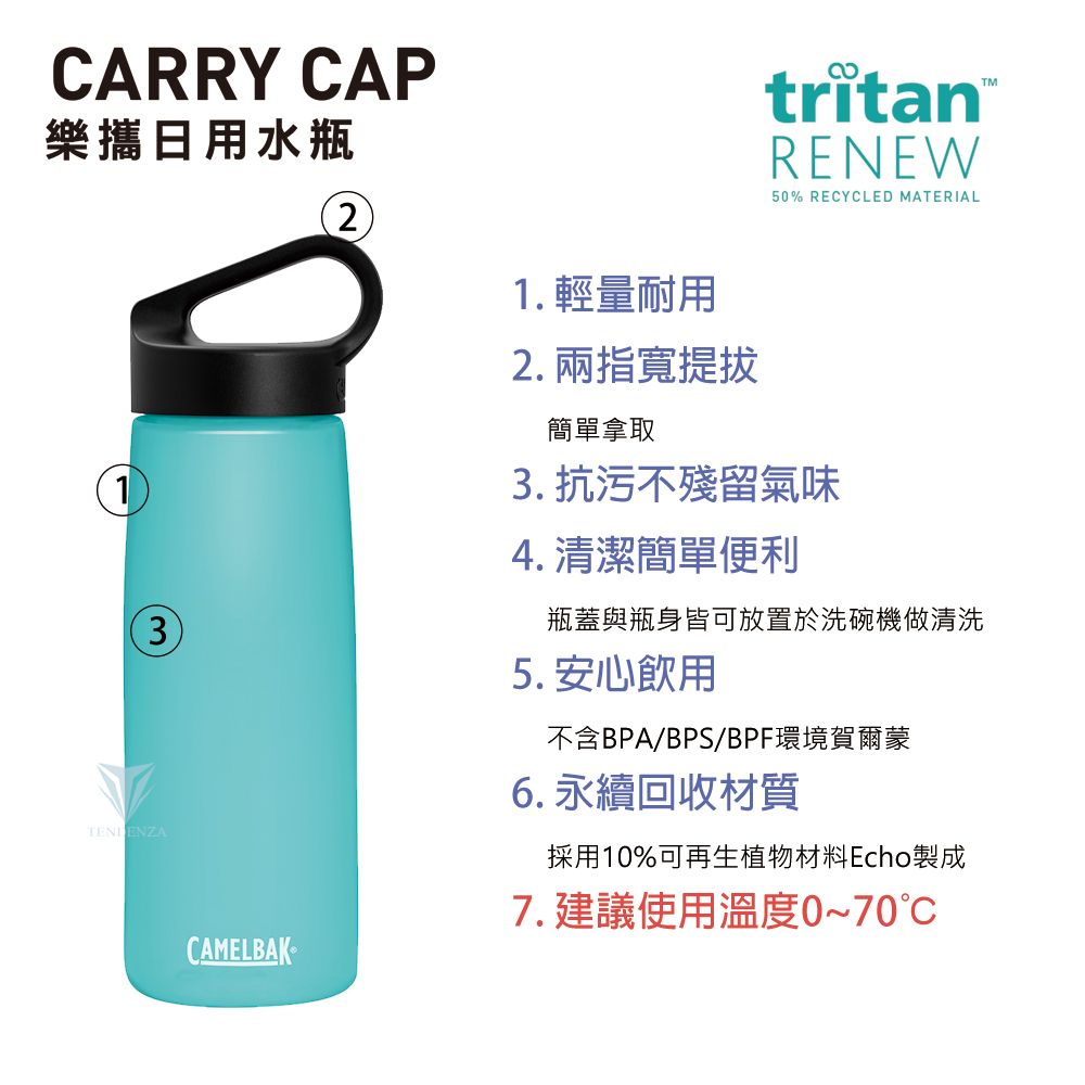 CARRY CAP樂攜日用水瓶13TENDENZACAMELBAK21. 輕量耐用2. 兩指寬提拔簡單拿取tritanRENEW50% RECYCLED MATERIAL3. 抗污不殘留氣味4. 清潔簡單便利瓶蓋與瓶身皆可放置於洗碗機做清洗5. 安心飲用不含BPA/BPS/BPF環境賀爾蒙6.永續回收材質採用10%可再生植物材料Echo製成7. 建議使用溫度0~70