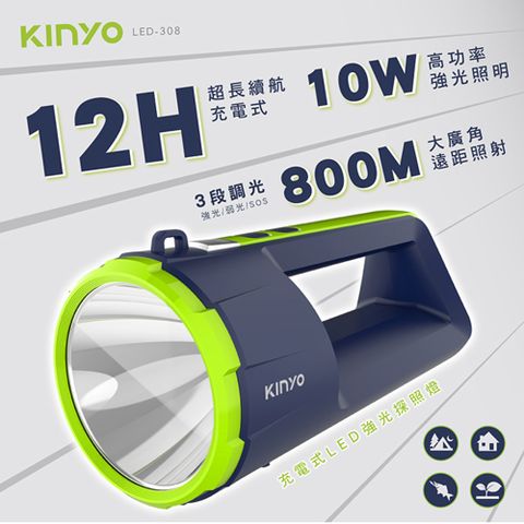 KINYO USB充放電式LED強光探照燈,無段式調整亮度,三段式調光