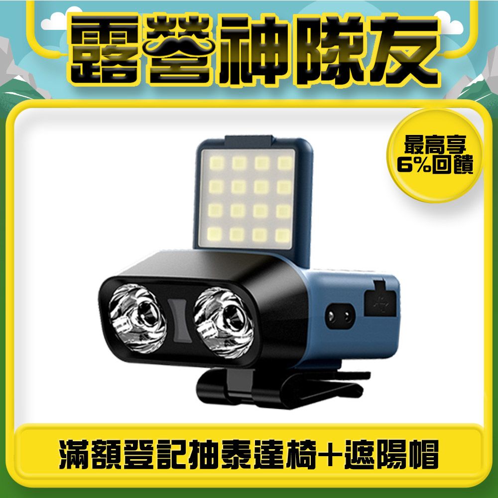 Sily LED頭戴式強光雙頭燈 戶外夜釣感應釣魚夾帽燈 COB防水照明燈 登山/爬山/露營/釣魚/徒步 送禮