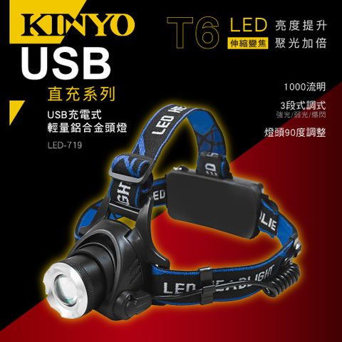 KINYO USB充電式輕量鋁合金頭燈 LED-719