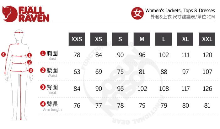 FJALLRAVEN2 胸圍Bust 腰圍WaistX XS78 69(Women's Jackets, Tops & Dresses外套&上衣尺寸建議表/單位:CMSMLXLXXL90102111120758188971079696102108117126 臀圍8490Seat 臂長76777879Arm length8081