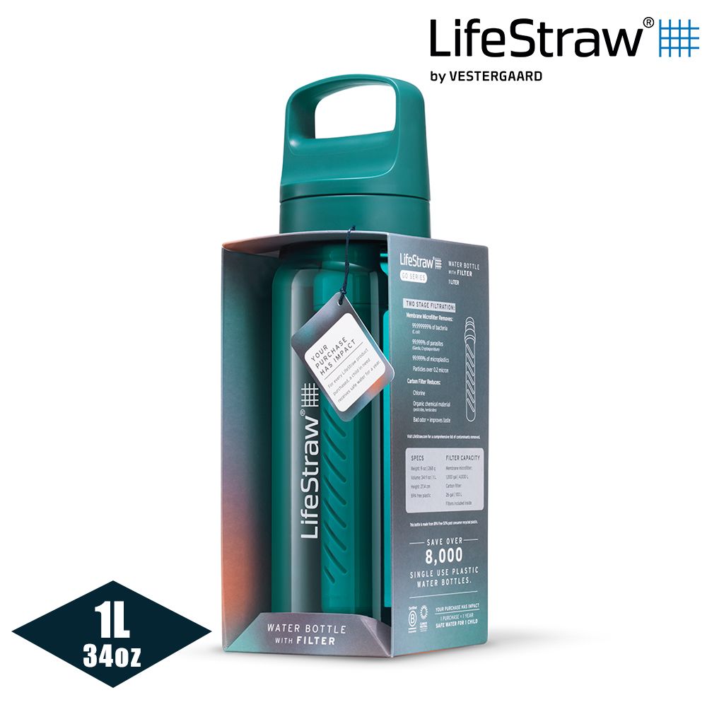 LifeStraw  Go 提蓋二段式過濾生命淨水瓶 1L藍綠色