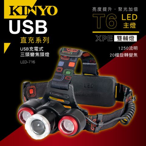 KINYO USB充電式三頭變焦頭燈 LED-716