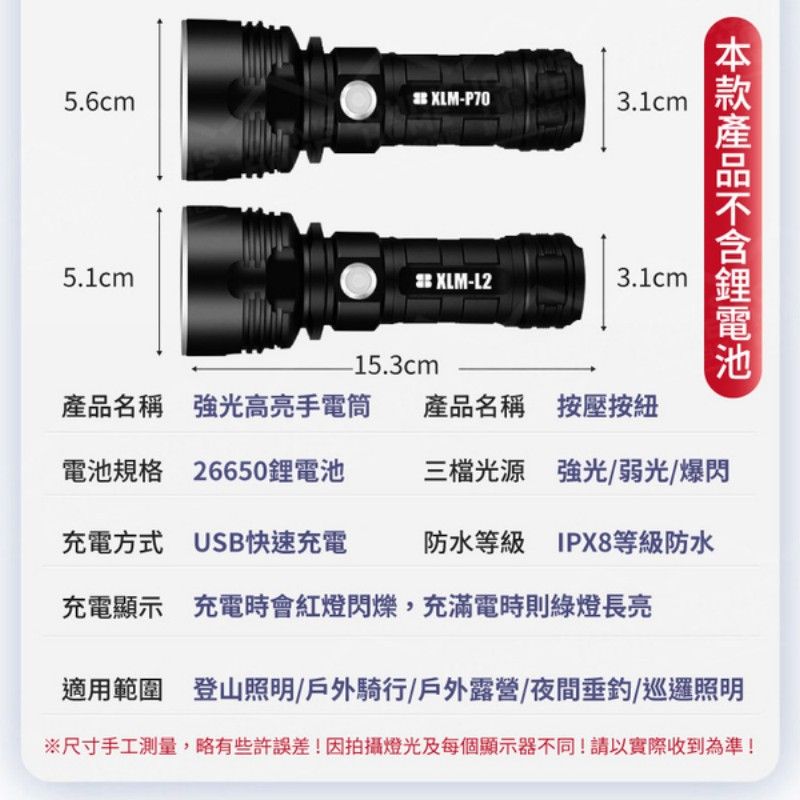  P70強光高亮手電筒 P70 維修工作燈 USB充電 探險手電筒