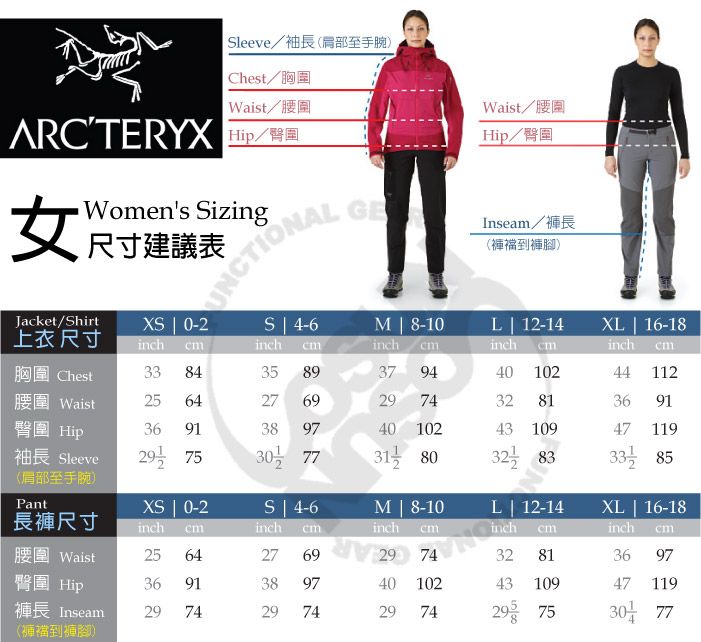 leeve袖長(至手腕)Chest/胸圍Waist/腰圍ARCTERYX /女Womens izing尺寸建議表UNCTIONALGEWaist/腰圍Hip/臀圍Inseam/褲長(褲襠到褲腳)Jacket/ShirtXS  0-2S  4-6M  8-10上衣尺寸inchinch inchL 12-14inch XL  16-18inch胸圍 Chest33 84358937 9440 102腰圍 Waist2564276974 8144 11236 91臀圍 Hip袖長 Sleeve36 91389740 10243 1094711929753077318032 3385(肩部至手腕)PantXS  0-2S  4-6M  8-10L  12-14XL  16-18長褲尺寸inchinchinchinchinch腰圍 Waist2564臀圍 Hip36 91褲長 Inseam29 742769 29 743281369738974010243109471192974297429 753077(褲襠到褲腳)