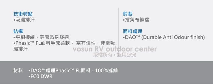 技術特點吸濕排汗結構平腳接縫穿著貼身舒適Phasic™ FL面料手感柔軟富有彈性非常吸濕排汗剪裁插角布褲襠面料處理·DAO™ (Durable Anti Odour finish) RV outdoor center版權所有盜用必究材料 DAOT™處理Phasic™ FL面料-100%滌綸 DWR