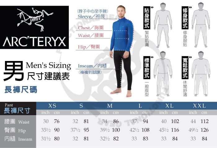 (脖子中心至手腕)Sleeve袖長Chest/胸圍  ARCTERYX男Waist/腰圍Hip/臀圍Mens Sizing Inseam/縫尺寸建議表長褲尺碼(褲襠到腳踝)  PantXSSMLXL長褲尺寸inch cminch cminch cminch inch cmXXLinch cm腰圍 Waist30 7632 8137 9440 10244 112臀圍 Hip 90 95 100  108 116 126縫 Inseam 8032 81 8233 8333 8433 84