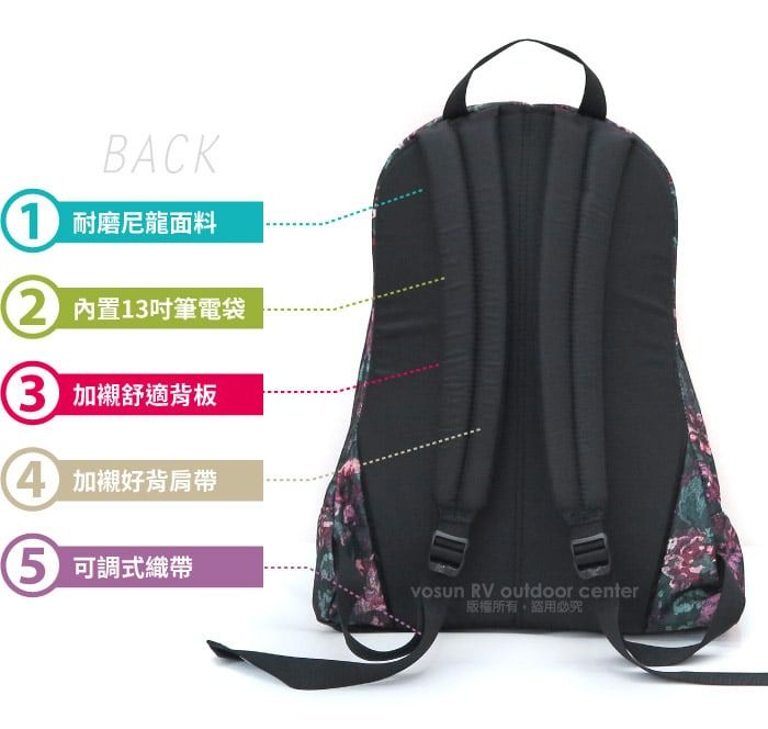 BAK 耐磨尼龍面料內置13筆電袋C 加襯舒適背板加襯好背肩帶 可調式織帶 RV outdoor center版權所有。 必究