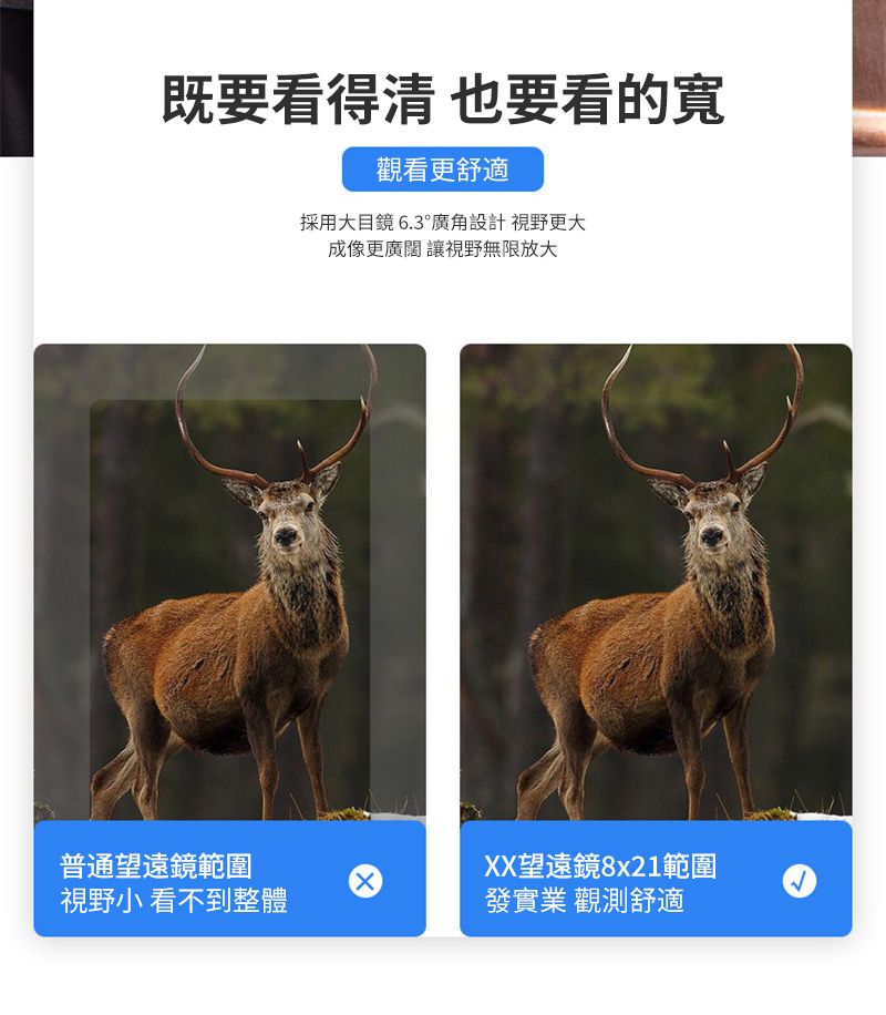 既要看得清 也要看的寬觀看更舒適採用大目鏡6.3°廣角設計 視野更大成像更廣闊 讓視野無限放大普通望遠鏡範圍視野小看不到整體XX望遠鏡8x21範圍發實業 觀測舒適