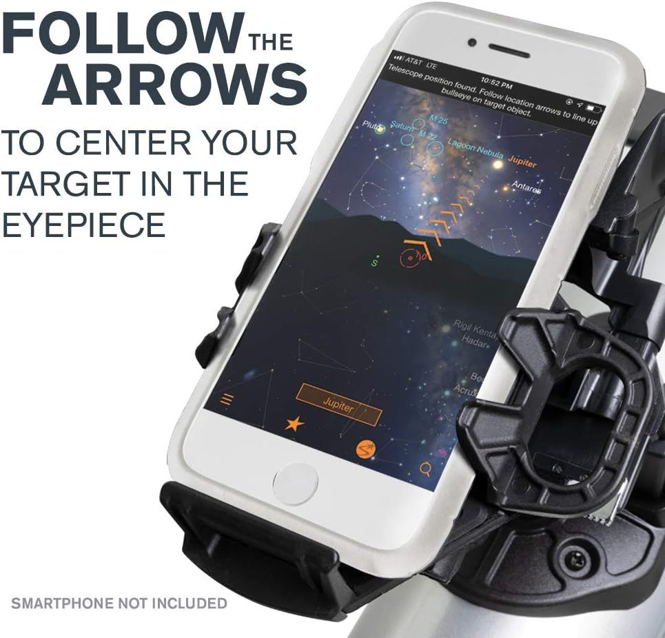FLLOW THEARROWSTO CENTER YOURTARGET IN THEEYEPIECEAT&T LTE10:52 PMTelescope position found Follow location arrows to line upbullseye on target objectM 25 M22 Lagoon Nebula Jupiter OAntaresSMARTPHONE NOT INCLUDEDJupiter KentaHadarBeAcrux