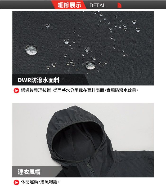 細節展示 DETAILDWR防潑水面料通過後整理技術,從而將水分阻截在面料表面,實現防潑水效果。連衣風帽休閒運動,擋風呵護。