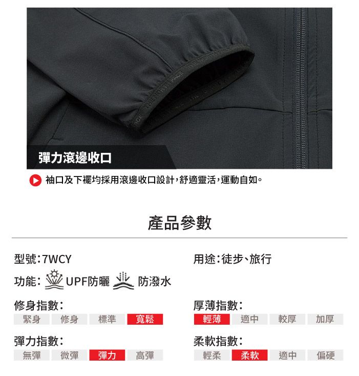 彈力滾邊收口CEFACE 袖口及下襬均採用滾邊收口設計,舒適靈活,運動自如。型號7WCY產品參數功能: UPF防曬 业 防潑水用途:徒步、旅行修身指數:厚薄指數:緊身 修身標準寬鬆輕薄適中較厚加厚彈力指數:柔軟指數:無彈 微彈彈力高彈輕柔 柔軟適中偏硬