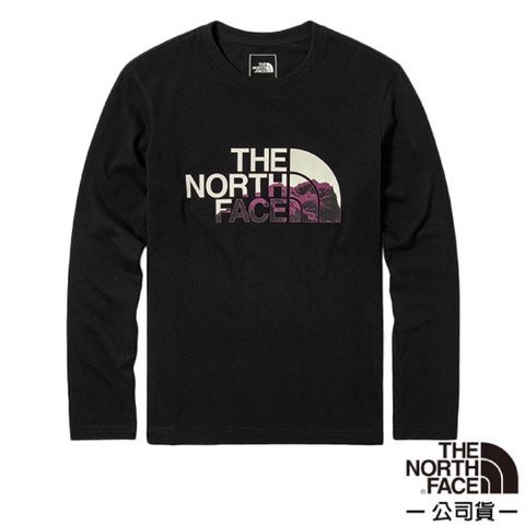 The North Face 北面 男款 胸前山景品牌印花圓領長袖上衣.休閒衫/機能性運動衣/休閒旅行/5AZG-JK3 黑色 V