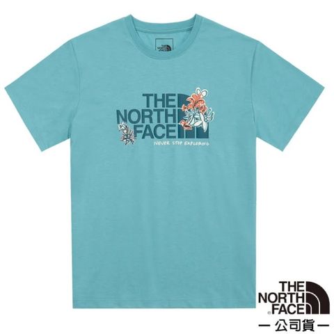 【美國 The North Face】女 吸濕排汗花卉LOGO短袖T恤(亞洲版型).休閒衫/7WFH-LV2 藍色 V