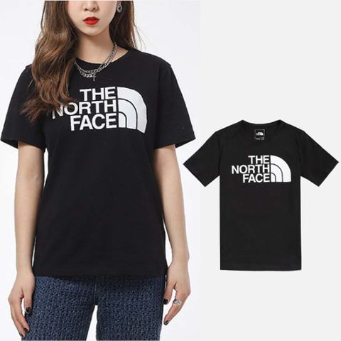 【美國 The North Face】女 經典柔軟透氣大LOGO短袖圓領T恤.休閒運動上衣/4U8K-JK3 黑 V