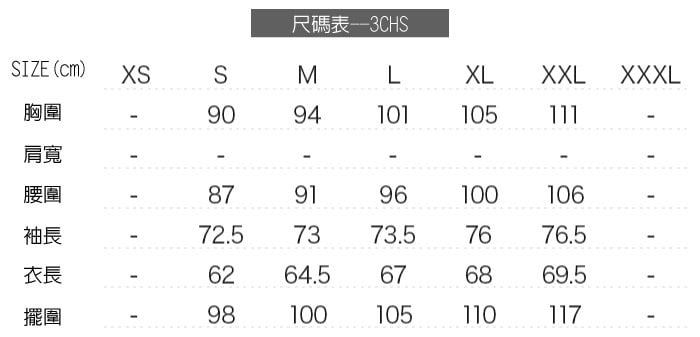 尺碼表—3CHSIZE ()SMLXLXXL XXXL胸圍9094101105111肩寬腰圍879196100106袖長72.57373.57676.5衣長6264.5676869.5擺圍98100105110117