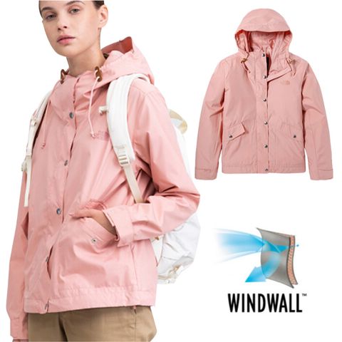 The North Face 北面 女新款 WindWall 防風防潑水可調節連帽外套.運動夾克/前中拉鍊門襟.帶袋蓋插手袋/5AYD-0LA 玫瑰粉 N