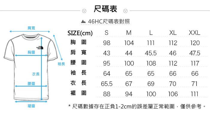 尺碼表46HC尺碼表對照SIZE(cm)SMLXLXXL胸 圍98104111112120胸圍肩寬434445.54647.5抽長 腰圍95100108112117衣長袖長6465656666腰圍衣長65.567697071圍8894100106111擺圍* 尺碼數據存在正負1-2cm的誤差屬正常範圍僅供參考。