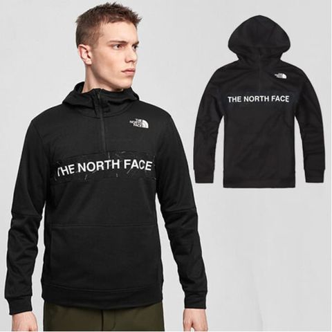 The North Face 北面 中性款 經典大LOGO 半門襟拉鍊長袖保暖連帽上衣.T恤.機能性運動衫/休閒旅行/4U5K-JK3 黑 V