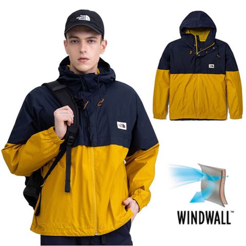 The North Face 北面 男新款 WindWall 防風防潑水可調節連帽外套.運動夾克/帶拉鍊插手袋/5AZM-0ZE 黃/海軍藍 N