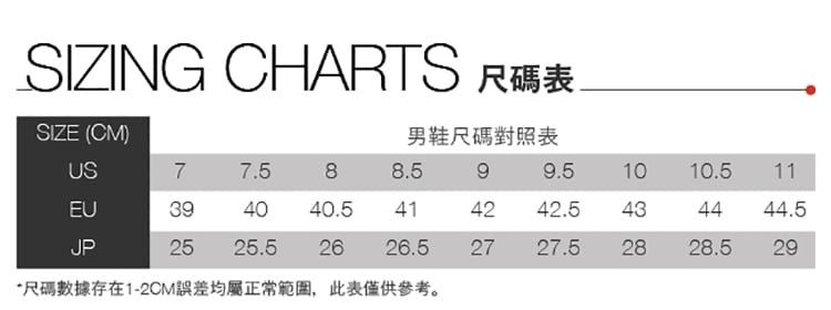 SIZING CHATS R表SIZE (CM)男鞋尺碼對照表US77.588.599.51010.5 11EU394040.5414242.5434444.5JP25 25.52626.52727.52828.529尺碼數據存在1-2CM誤差均屬正常範圍,此表僅供參考。