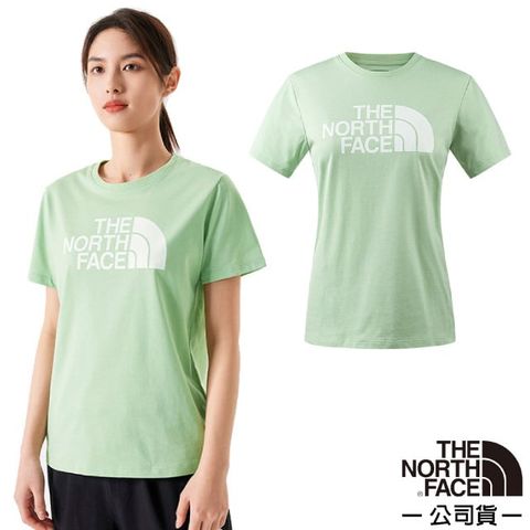 The North Face 北面 女 FLASHDRY 吸濕透氣排汗短袖圓領T恤.休閒套頭衫.運動上衣/大尺寸LOGO印花/89QU-I0G 晨霧綠