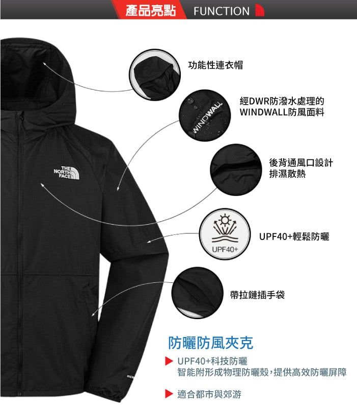 THENORTHFACE產品亮點 FUNCTION功能性連衣帽WINDWALLUPF40+經DWR防潑水處理的WINDWALL防風面料後背通風口設計排濕散熱UPF40+輕鬆防曬帶拉鏈插手袋防曬防風夾克▶ UPF40+科技防曬智能附形成物理防曬殼,提供高效防曬屏障適合都市與郊游