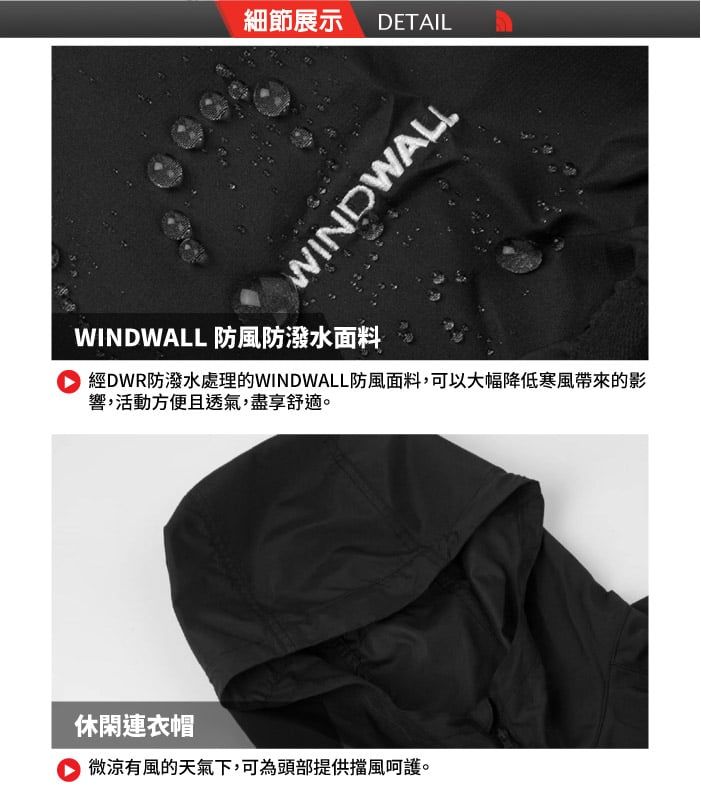 細節展示DETAILWINDWALLWINDWALL 防風防潑水面料經DWR防潑水處理的WINDWALL防風面料,可以大幅降低寒風的影響,活動方便且透氣,盡享舒適。休閑連衣帽微涼有風的天氣下,可為頭部提供擋風呵護。