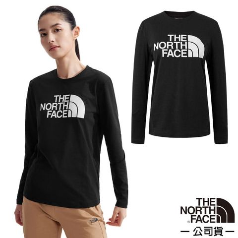 The North Face 北面 女 FLASHDRY 吸濕透氣排汗長袖圓領T恤.休閒套頭衫.運動上衣/大尺寸品牌標識/8AKU-JK3 宇宙黑