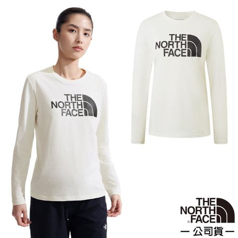 The North Face 北面 女 FLASHDRY 吸濕透氣排汗長袖圓領T恤.休閒套頭衫.運動上衣/大尺寸品牌標識/8AKU-QLI 沙丘白