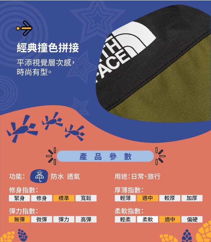 經典撞色拼接平添視覺層次感,時尚有型。產品參數功能防水透氣用途:日常、旅行修身指數:緊身厚薄指數:修身 標準寬鬆輕薄適中較厚加厚彈力指數:柔軟指數:無彈微彈 彈力高彈輕柔柔軟適中偏硬