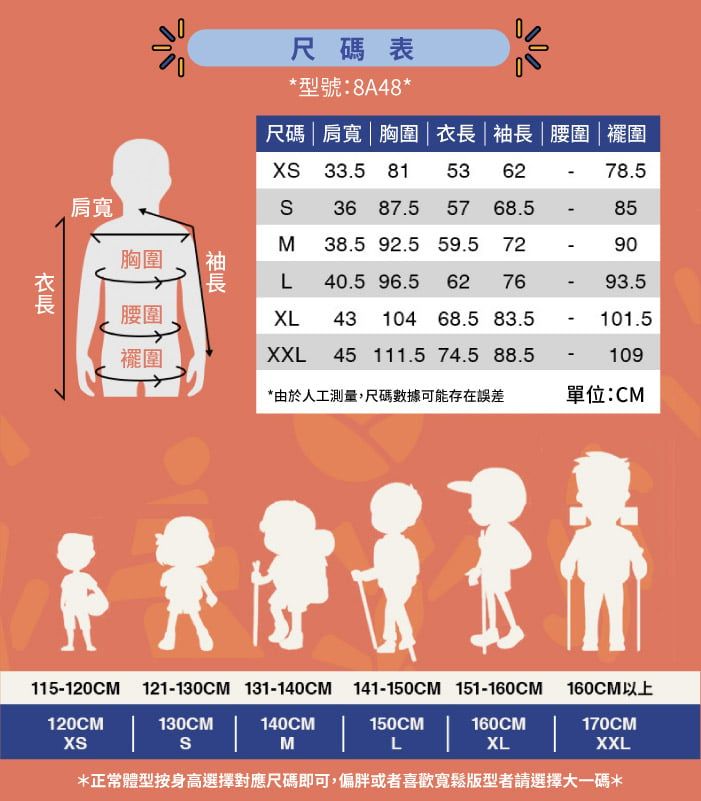 尺碼表*型號:8A48*尺碼肩寬胸圍   腰圍|圍X 33.5 81 53 6278.5肩寬胸圍腰圍36 87.5 57 68.585M38.5 92.5 59.5 7290袖長L40.5 96.5 62 7693.5XL43 104 68.5 83.5101.5擺圍XXL 45 111.5 74.5 88.5109*由於人工測量,尺碼數據可能存在誤差單位:CM衣長115-120CM 121-130CM 131-140CM 141-150CM 151-160CM 160CM以上120CM130CMS|140CMM150CML160CMXL170CMXXL*正常體型按身高選擇對應尺碼即可,偏胖或者喜歡寬鬆版型者請選擇大一碼*