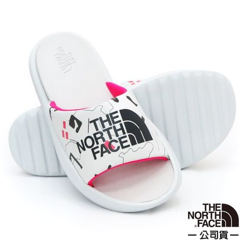 The North Face 北面 女 Triarch Slides 輕量便利LOGO拖鞋.戶外海灘沙灘涼鞋/Lycra襯裡_5JCB-677 白色印花/亮珊瑚 N