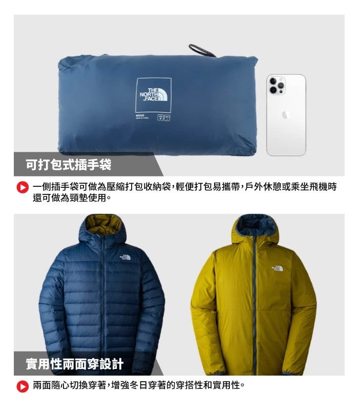 THENORTHFACE 可打包式插手袋 一側插手袋可做為壓縮打包收納袋,輕便打包易攜帶,戶外休憩或乘坐飛機時還可做為頸墊使用。實用性兩面穿設計兩面隨心切換穿著,增強冬日穿著的穿搭性和實用性。