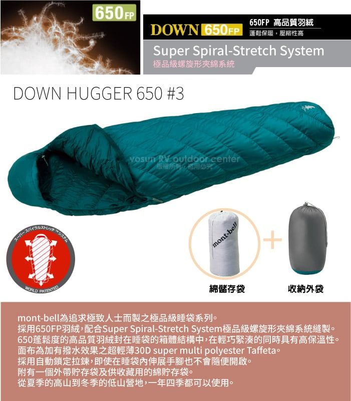 650 FP650FP 高品質羽絨DOWN 蓬鬆保暖壓縮性高Super SpiralStretch System極品級螺旋形夾綿系統DOWN HUGGER 650 #3   center,究mont-bellシステムWORLD PATENTED綿儲存袋收納外袋mont-bell為追求極致人士而製之極品級睡袋系列採用650FP羽絨,配合Super Spiral-Stretch System極品級螺旋形夾綿系統縫製。650蓬鬆度的高品質羽絨封在睡袋的箱體結構中,在輕巧緊湊的同時具有高保溫性。面布為加有撥水效果之超輕薄30D super multi polyester Taffeta。採用自動鎖定拉鍊,即使在睡袋伸展手腳也不會隨便開啟。附有一個外帶貯存袋及供收藏用的綿貯存袋。從夏季的高山到冬季的低山營地,一年四季都可以使用。
