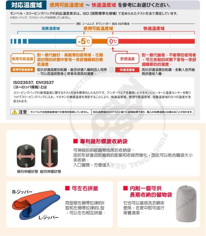 使用快適温域 を参考にお選びくださいの対応表示ISO 国際標準化機構测定採用)#2の場危険温度域使用可能温度域快適温度域5()對一般代謝好高耐寒的使用者在睡 使用可能溫度 袋封閉的狀態中享有一夜舒適的最低溫度舒適溫度「使用可能度域 低於舒適溫度的範圍,能否舒適則因人而異ISO23537、EN13537(一口(規格),可以透過調整身上 對一般代謝差、不耐寒的使用者,可在放鬆的狀態下享有一夜舒適睡眠的的溫度。快速温度域舒適溫度的範圍,多數人依然能夠舒適地。スリーピングバッグの使用温度に関するテスト法を標準化したものです。 アンダーウエアを着用したマネキンにヒーターと温度センサーを取りつけてスリーピングバッグに入れ、マネキンの表面温度を測定することにより、 快適温度域、使用可能温度域、危険温度域の3つの温度が決定されます。注意 モンベルでは危険温度域での使用を推奨していません。 対応温度域はISOテストに基づく結果であり、個人の体感温度とは異なることがあります。橫向伸縮狀態 縱向伸縮狀態入口寬闊,方便進入 方合睡袋大小 專利錐形螺旋收納袋可伸縮的斜紋織物也用於收納袋。由於形狀會由於織物的膨脹和收縮而變化,來收納。可左右拼接同型號右側帶拉鍊的R型和左側帶拉鍊的L型,可以左右相互拼接。內附一個可供長期收納的儲物袋它也可以當成洗衣網來使用,在家中即可進行保養清潔。mont-