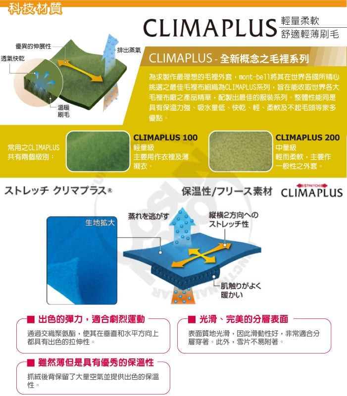 科技材質優異的伸展排出蒸氣透氣快乾溫暖刷毛輕柔軟CLIMAPLUS 舒適輕刷毛CLIMAPLUS-全新概念之毛裡系列為求作最理想的毛裡外套mont-其在世界各國所精心挑選之最佳毛裡布組織為CLIMAPLUS系列,旨在能收取世界各大毛裡布之產品精華,配製出最佳的服裝系列整體能同是具有保溫力強、吸水量低、快乾、輕、柔軟及不起毛頭等眾多優點CLIMAPLUS 100常用之CLIMAPLUS共有兩個級別:輕量級主要用作衣裡及薄襯衣。ストレッチクリマプラス CLIMAPLUS 200中量級輕而柔軟,主要作般性之外套。保温性製一素材 CLIMAPLUS蒸れを逃がす生地大縦横2方向へのストレッチ性出色的彈力,適合劇烈運動暖かい一 光滑、完美的分表面通過交織聚氨酯,使其在垂直和水平方向上都具有出色的拉伸性。表面質地光滑,因此滑動性好,非常適合分層穿著。此外,雪片不易附著。 雖然薄但是具有優秀的保溫性抓絨後背保留了大量空氣並提供出色的保溫性。