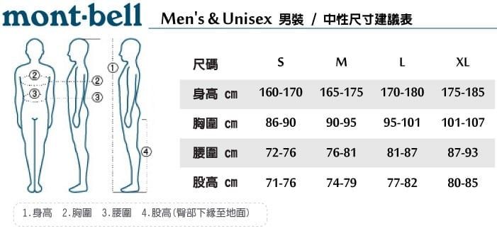 montbell Mens & Unisex 尺碼MLXL身高 160-170 165-175 170-180 175-185胸圍 86-9090-9595-101 101-107腰圍 72-7676-8181-8787-93股高 71-7674-7977-8280-851.身高 2.胸圍3.腰圍 4.股高(下緣至地面)