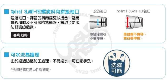 Spiral SLANTTEC螺旋斜向拼接袖口通過袖口、褲管的斜向螺旋狀接合避免偏移滑動及不舒服的緊繃感實現了更服貼舒適的剪裁一般的袖口Spiral SLANT-TEC袖口專利取得車縫線偏移,不易伸展。車縫線不偏移,更容易伸展。 可水洗易護理由於經過防縮加工處理,不易縮水,可在家手洗。洗濯*洗滌時請使用中性洗滌劑。可能