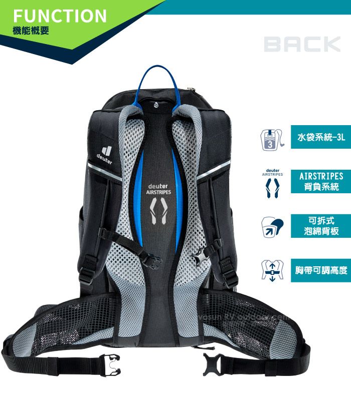 FUNCTION機能概要BACK水袋系統3deuterdeuterAIRSTRIPESdeuterAIRSTRIPESAIRSTRIPES背負系統可拆式泡綿背板胸帶可調高度