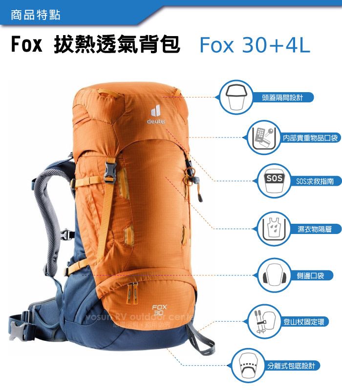 商品特點Fox 熱透氣背包 Fox +4Ldeuter頭蓋隔間設計貴重物品口袋SS求救指南濕衣物隔層側邊口袋FOX30 RV  登山杖固定環O|分離式包底設計