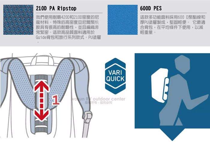 K210D PA Ripstop們使用耐磨420D和2100密度的尼龍材料特殊的高密度旦尼爾聚酰胺具有很高的耐磨性並且編織非常緊密。這款高品質面料適用於Guide背包和旅行系列款式塗層600D 這款多功能面料採用600D聚酯線和PU塗層製成,堅固輕便。 它最適合背包,在平均條件下使用,以減輕重量。1VARIQUICK   outdoor center我,究