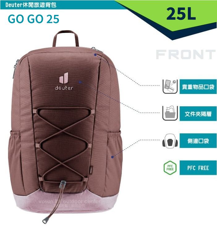 Deuter休閒旅遊背包GO GO 2525LFRONTdeuter貴重物品口袋  文件夾隔層側邊口袋PFCFREEPFC FREE