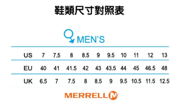 鞋類尺寸對照表MENSUS 7 9  10 11 12 13EU 40 41 41.5 42 43 43.5 44 45 46.5 48UK 6.577.5 8 8.5 9 9.5 10.5  12.5MERRELL M