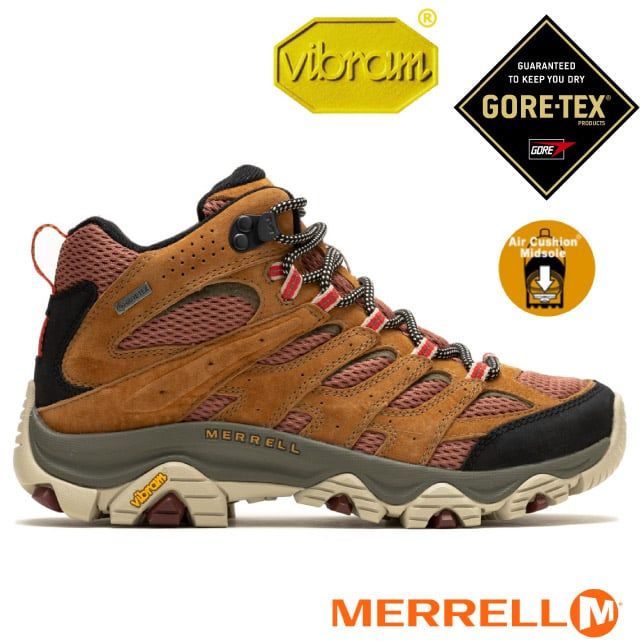 Merrell 女 MOAB 3 MID GORE-TEX 多功能防水透氣登山健行鞋/Vibram黃金大底.輕量EVA中底/ML037498 土黃色