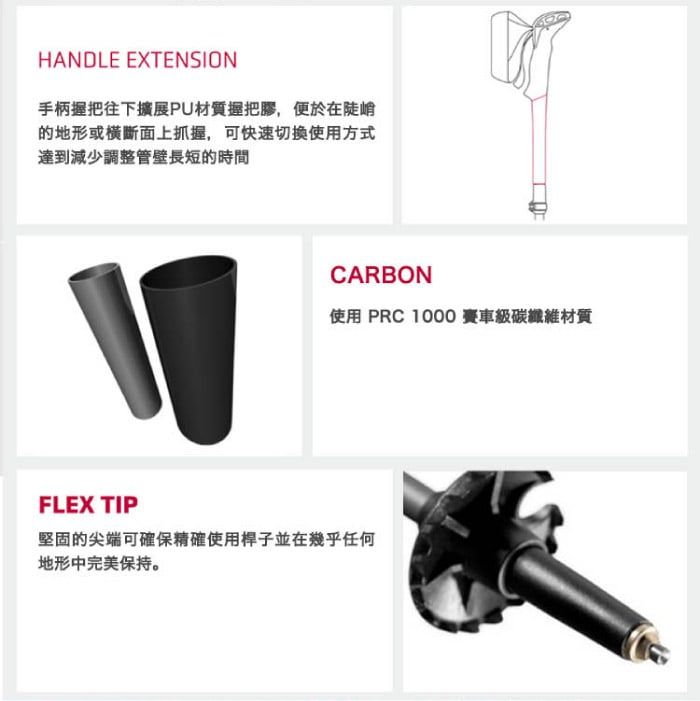 HANDLE EXTENSION手柄握把往下擴展PU材質握把膠,便於在陡峭的地形或橫斷面上抓握,可快速切換使用方式達到減少調整管壁長短的時間CARBON使用 PRC 1000 賽車級碳纖維材質FLEX TIP堅固的尖端可確保精確使用桿子並在幾乎任何地形中完美保持。