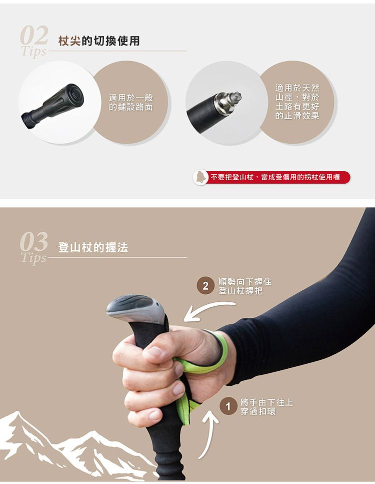杖尖的切換使用Tips-適用於一般的路面03 登山杖的握法Tips-適用於天然山徑,對於土路有更好的止滑效果不要把登山杖,當成受傷用的拐杖使用喔2順勢向下握住登山杖握把1將手由下往上穿過扣環